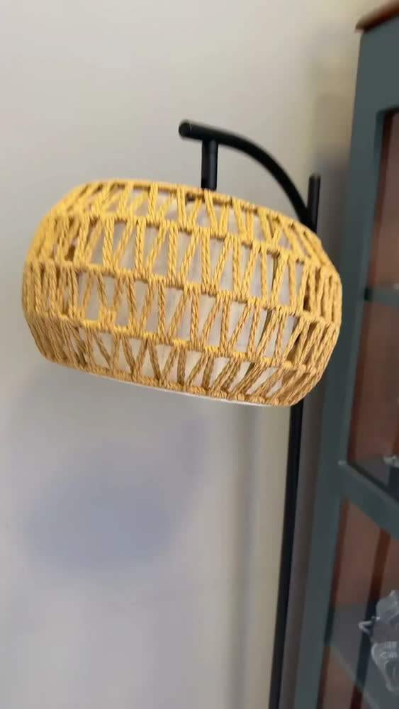 foto de Luminaria Chao Piso Abajour Preta Minimalista Madeira Palha Com Cupula Para A Sala Quarto Escritorio