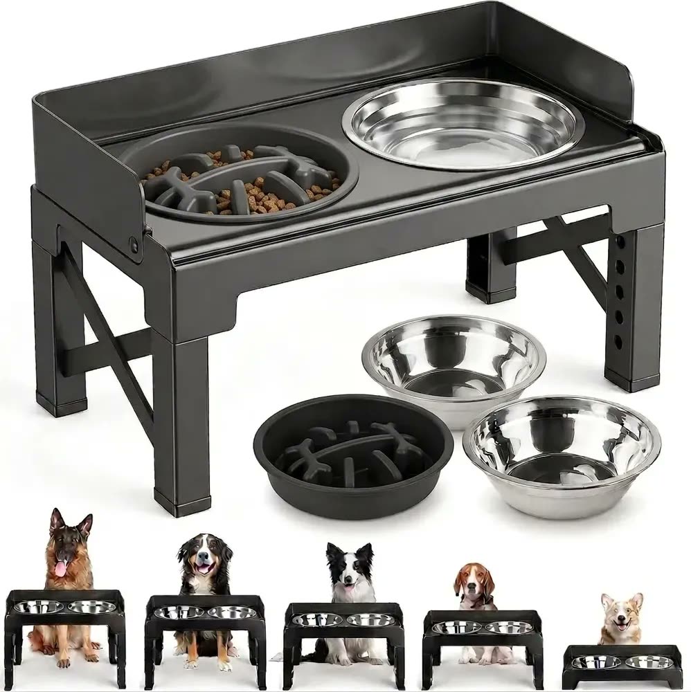 Comedouro Bebedouro para cachorro caes pets elevado Duplo inox tijela antiderrapante com regulavel com aço inoxidável para buldogue com ajuste de altura suporte 8cm 31cm com Proteção contra respingos