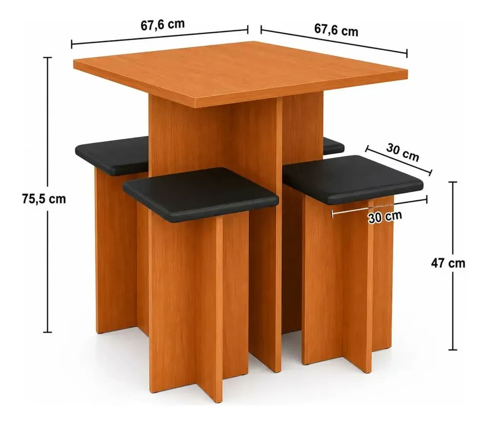 Conjunto Kit Sala de Jantar Mesa Gabriela Quadrada Com 4 Cadeiras Design Moderno Compacto Cozinha Cor Freijó Black