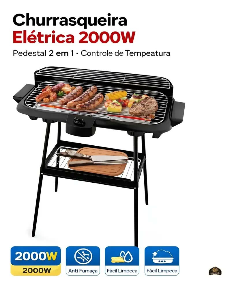Churrasqueira Elétrica 2000w Pedestal 2 Em 1 Anti Fumaça Bak