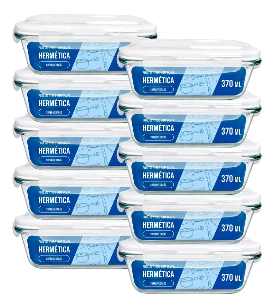foto de Kit 10 Pote Marmita Vidro Hermético 370ml Retangular 4 Trava Branco