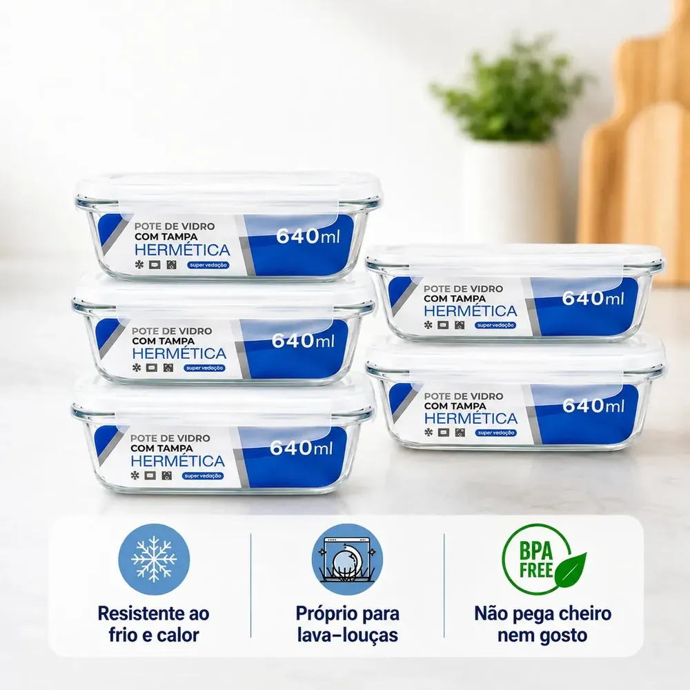 foto de Kit 5 Potes Vidro Hermético 640ml Marmita Forno Micro-ondas Transparente