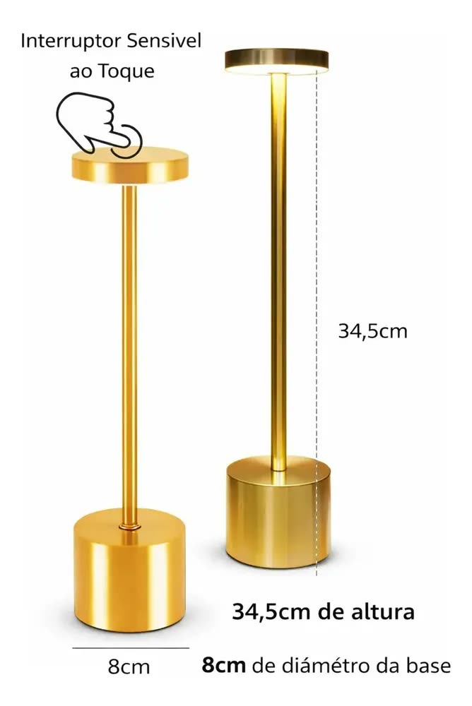 foto de Kit 2 Luminária Mesa Abajur Led Sem Fio 3 Modos De Luz Dourado-escuro