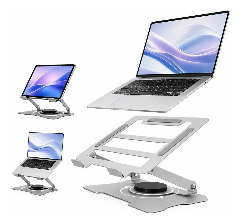 Suporte De Mesa Para Notebook Mac Metal Base 360° Ajustável Prateado