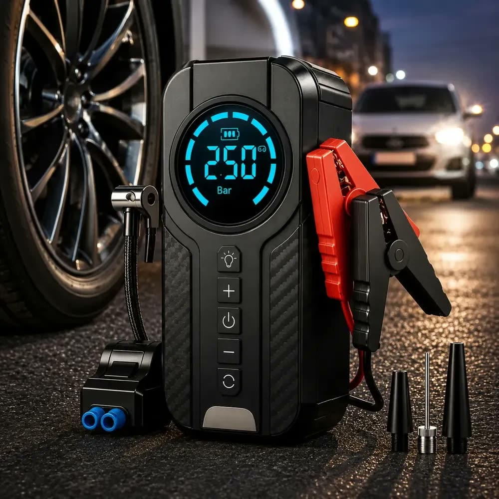 Auxiliar De Partida Com Compressor De Ar 150 Psi Calibrador Digital De Pneu 12V 4 Em 1 Recarregável Bivolt Inflador Mangueira Para Carro Caminhonete SUV Pickup Emergência Automotiva MidiaFone