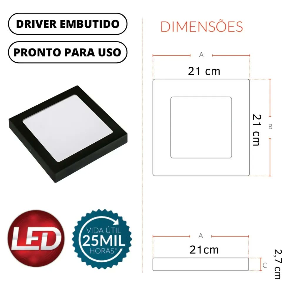 Plafon Led Quadrado Sobrepor Estrutura Preta Bivolt 110v/220v Painel Luminária Com Driver 18w Slim 20x20 Teto Quarto Sala Cozinha Corredor Escritório Forro Gesso Pvc Madeira Vmd Homecenter