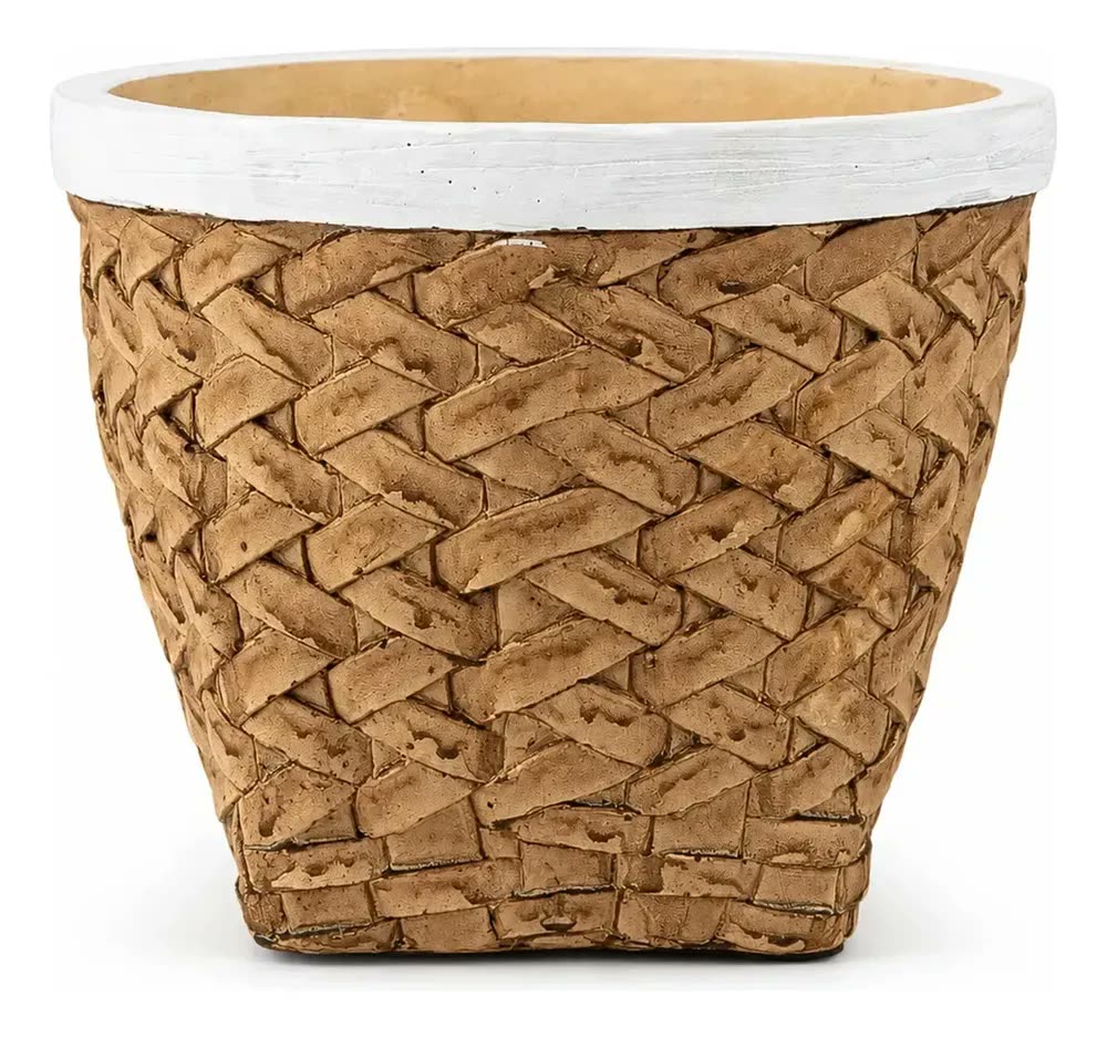 foto de Vaso Cachepot de Cerâmica Estilo Cesto de Palha Trançada, Natural – para Plantas e Decoração