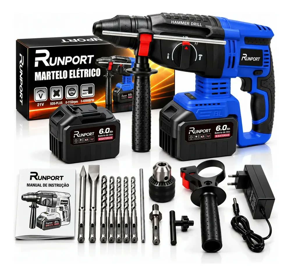 Martelete Rotativo Rompedor Runport 21V Brushless SDS Plus 3.5J 1600W com 2 Baterias 6000mAh Furadeira de Impacto Sem Fio Kit Profissional