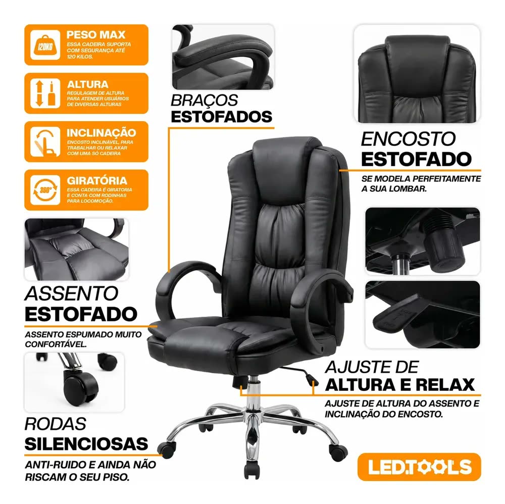 Cadeira Escritório Presidente Diretor Ergonomica Sintética Preto Couro Sintético