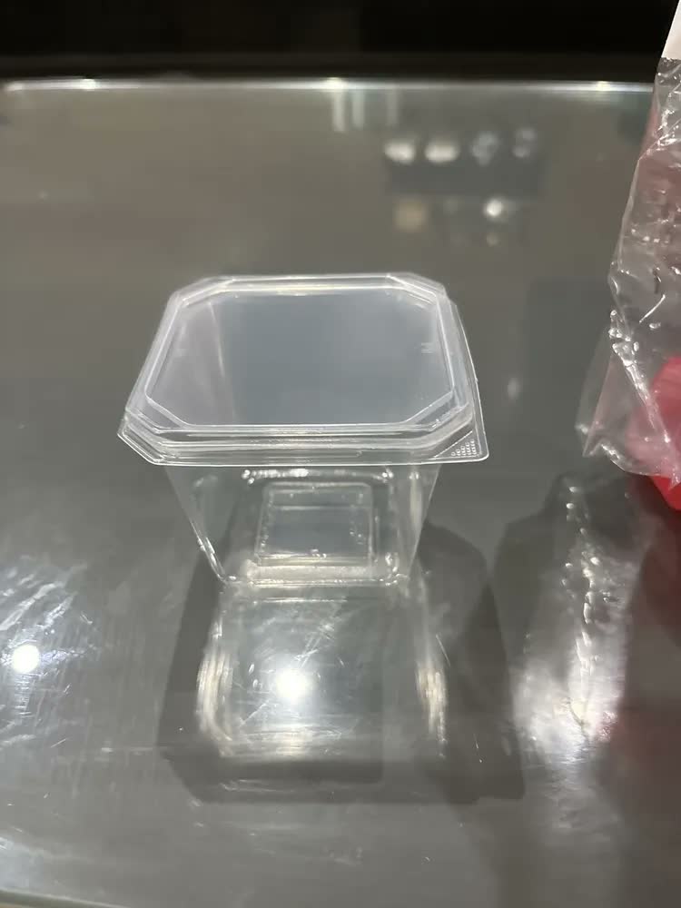 foto de 100un Pote Quadrado Plástico 250ml + 100un Colher Doces Transparente