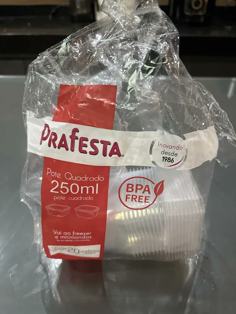 foto de 100un Pote Quadrado Plástico 250ml + 100un Colher Doces Transparente