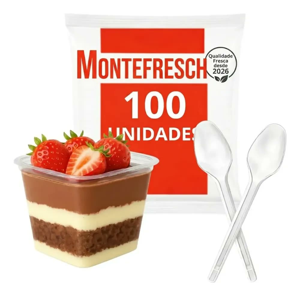 foto de 100un Pote Quadrado Plástico 250ml + 100un Colher Doces Transparente
