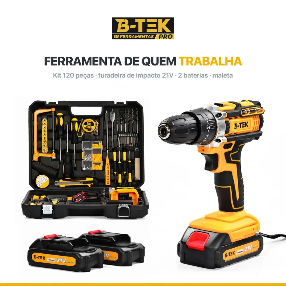 Kit de Ferramentas 120 Peças Furadeira Parafusadeira Impacto 21V 35Nm Mandril 10mm 2 Baterias Maleta B-TEK BT-658 Jogo Profissional a Bateria Sem Fio Soquetes Brocas Bits Alicate Reparos Manutenção