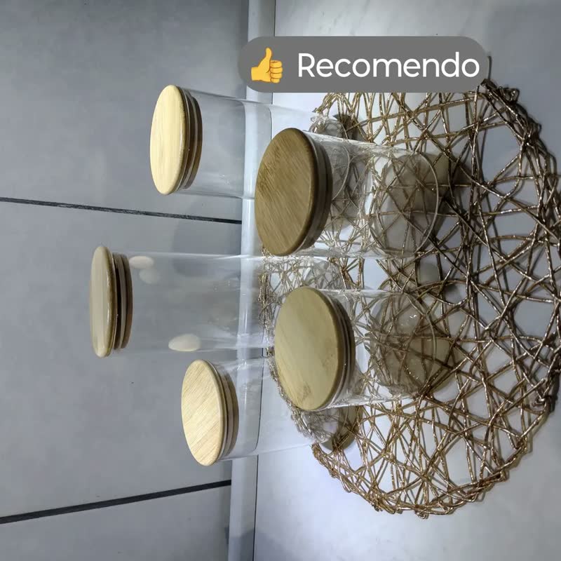 foto de Kit 5 Potes de Vidro Herméticos Tampa Bambu Bacana Decor Porta Alimentos Mantimentos Temperos Redondo Para Cozinha