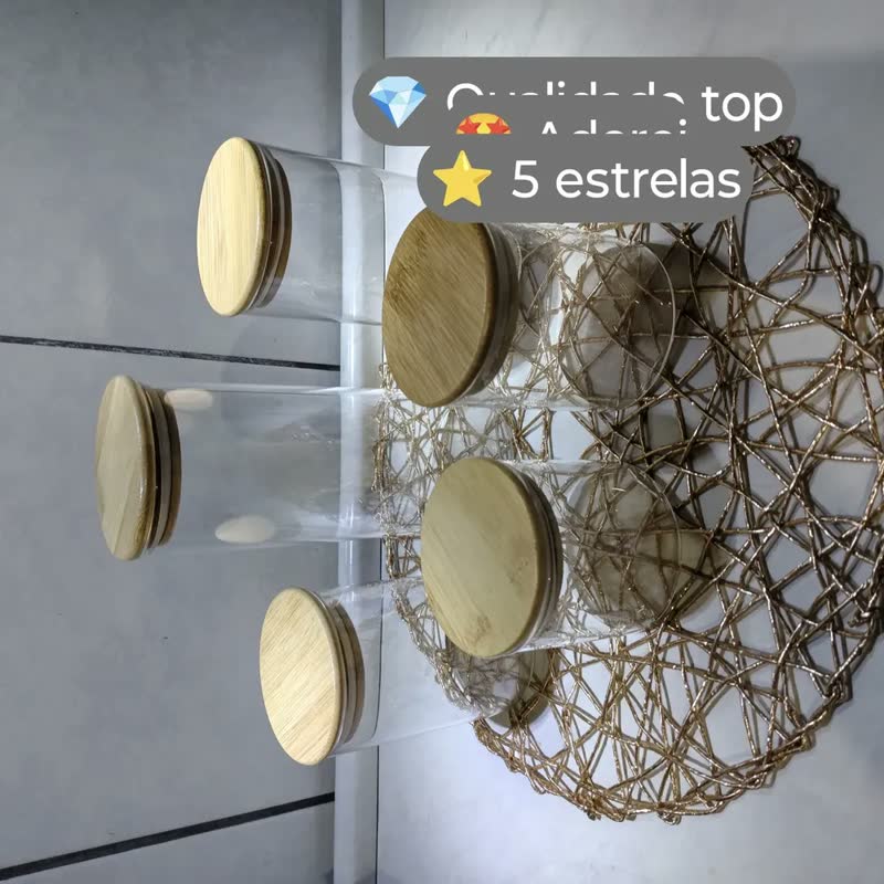 foto de Kit 5 Potes de Vidro Herméticos Tampa Bambu Bacana Decor Porta Alimentos Mantimentos Temperos Redondo Para Cozinha