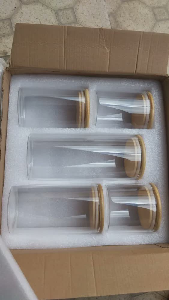 foto de Kit 5 Potes de Vidro Herméticos Tampa Bambu Bacana Decor Porta Alimentos Mantimentos Temperos Redondo Para Cozinha