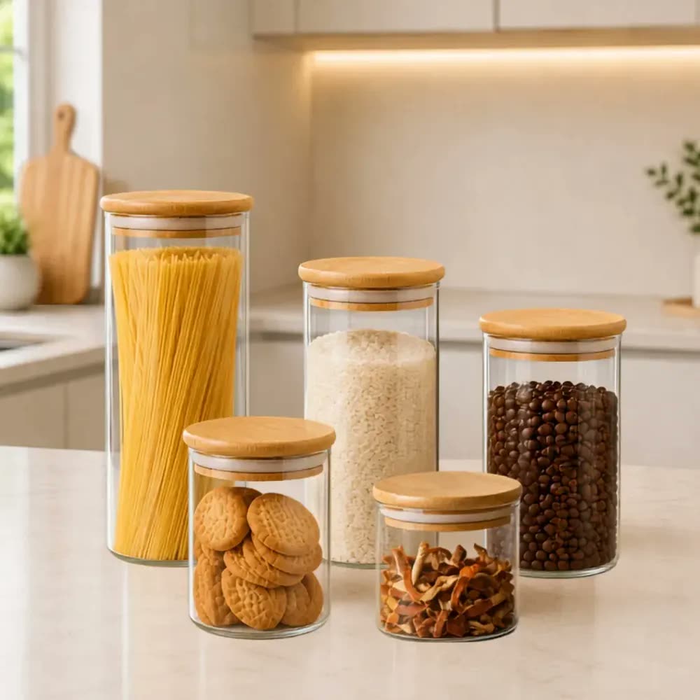 foto de Kit 5 Potes de Vidro Herméticos Tampa Bambu Bacana Decor Porta Alimentos Mantimentos Temperos Redondo Para Cozinha