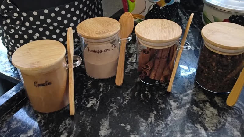 foto de Kit 6 Pote de Vidro com Tampa Bambu 200ML Potes Herméticos Porta Mantimento Hermético à Prova Odores