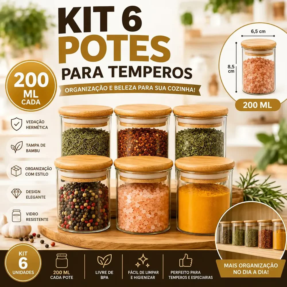 Kit 6 Pote de Vidro com Tampa Bambu 200ML Potes Herméticos Porta Mantimento Hermético à Prova Odores