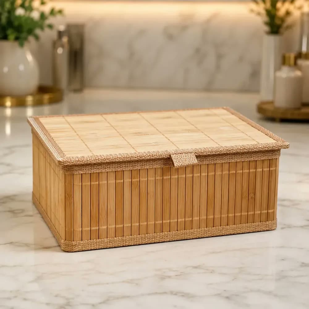 Cestos Caixa Organizadora De Bambu Natural 29 X 23 C/ Tampa Bambu Lisa