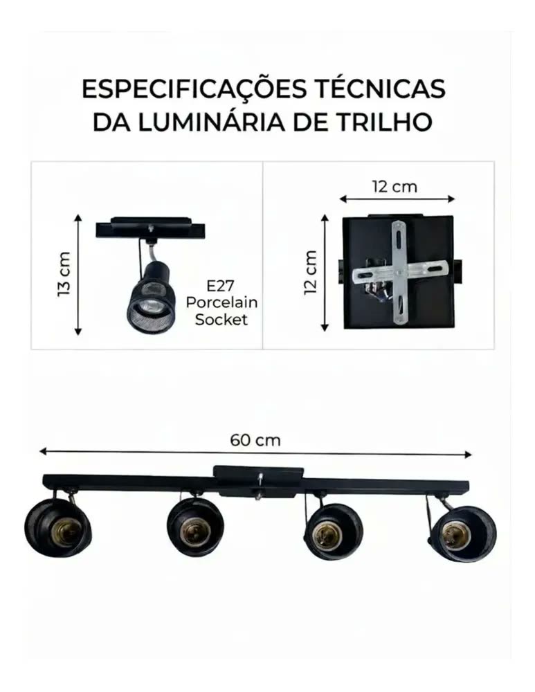 Luminária Spot Trilho Tela Alumínio Bocal E27 100w 110/220v Preto