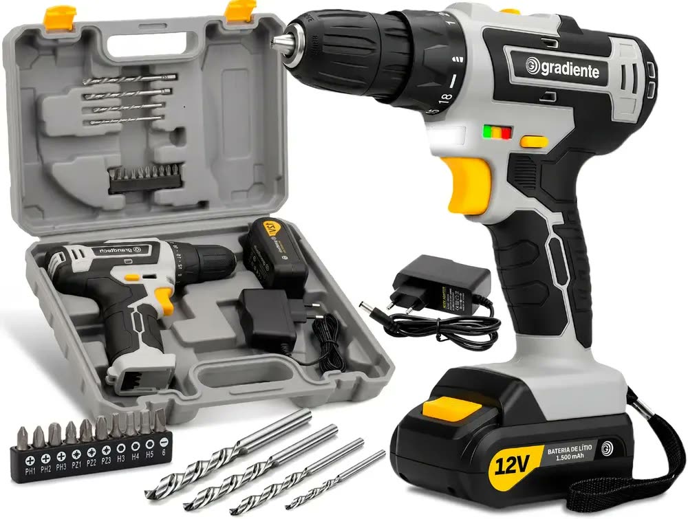 Parafusadeira Furadeira Sem Fio A Bateria 12V 3/8 Pol. 10mm Gradiente Profissional Com Maleta Brocas e Bits