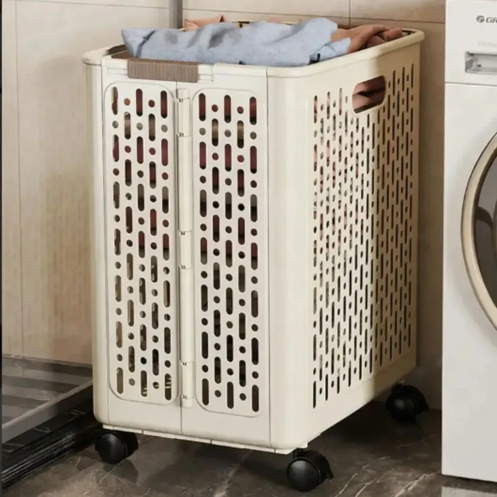 foto de Cesto De Roupa Suja Dobrável Com Alça Rodinhas Banheiro Branco Lisa
