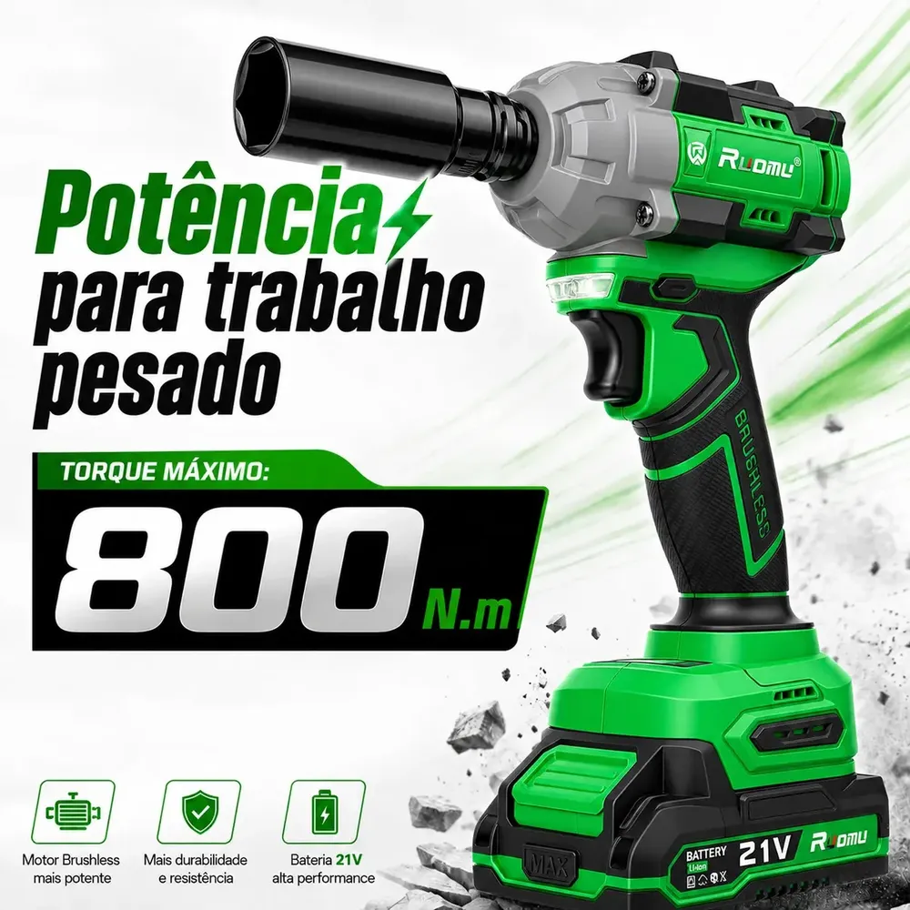 Chave De Impacto 800N Brushless Parafusadeira Furadeira Profissional 2 Baterias