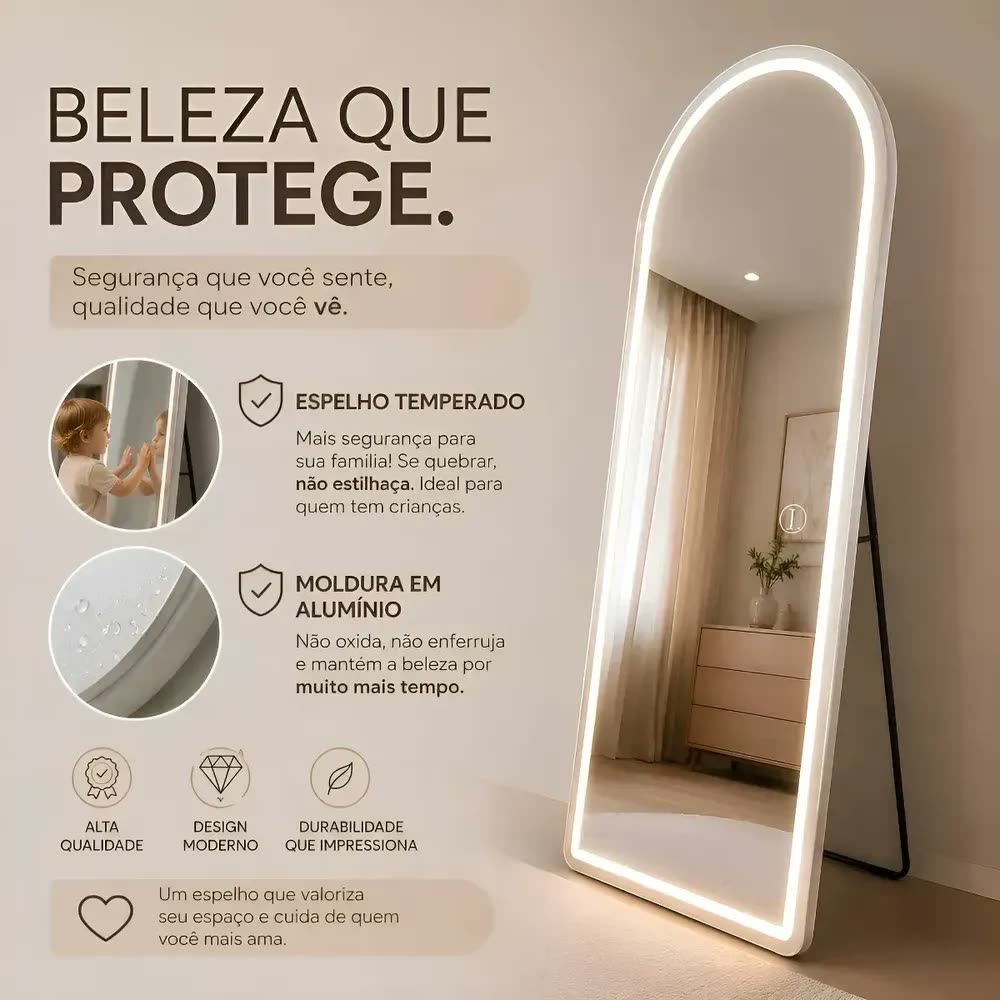 Espelho Lopazzi Oval Led 170x70 Moldura Grande Corpo Inteiro Off-white
