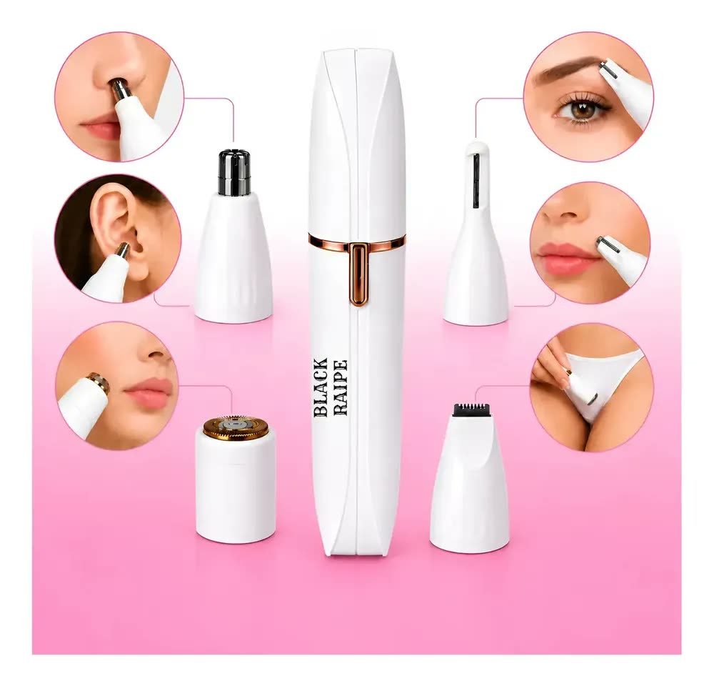 Aparador de Pelos Elétrico 4 em 1 Recarregável USB Indolor Depilador Feminino Nariz Orelha Sobrancelha Rosto Bustos Virilha Axilas Barba Cabeças Removivel Portatil Premium Branco Black Raipe