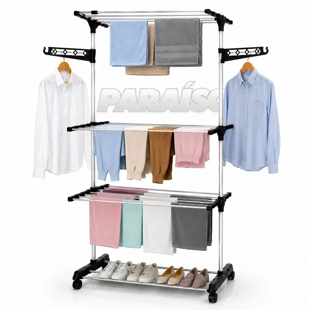 foto de Varal de Chão Grande 3 Andares Apartamento Kit Net Dobrável Vertical Retrátil com Rodinhas e Suporte Para Cabide Reforçado Capacidade para Roupas Toalhas Lençóis Edredom Lavanderia Multiuso e Compacto