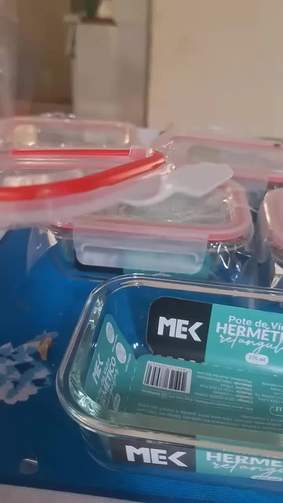 foto de Kit 5 Potes Retangulares Marmita Vidro Hermético 370ml Free Freezer Microondas Forno Resistente e Com Vedação