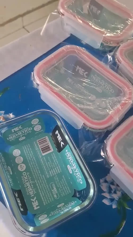 foto de Kit 5 Potes Retangulares Marmita Vidro Hermético 370ml Free Freezer Microondas Forno Resistente e Com Vedação