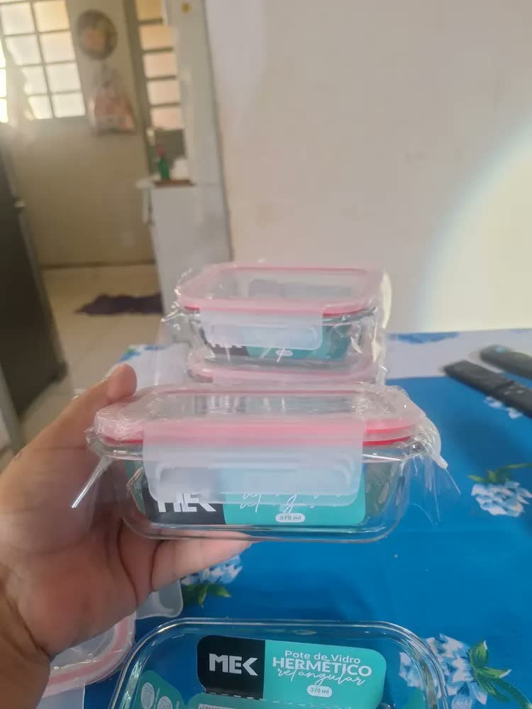 foto de Kit 5 Potes Retangulares Marmita Vidro Hermético 370ml Free Freezer Microondas Forno Resistente e Com Vedação