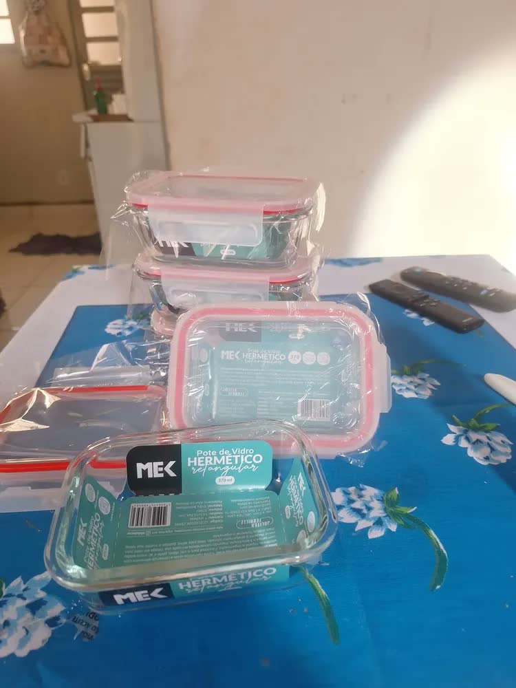 foto de Kit 5 Potes Retangulares Marmita Vidro Hermético 370ml Free Freezer Microondas Forno Resistente e Com Vedação