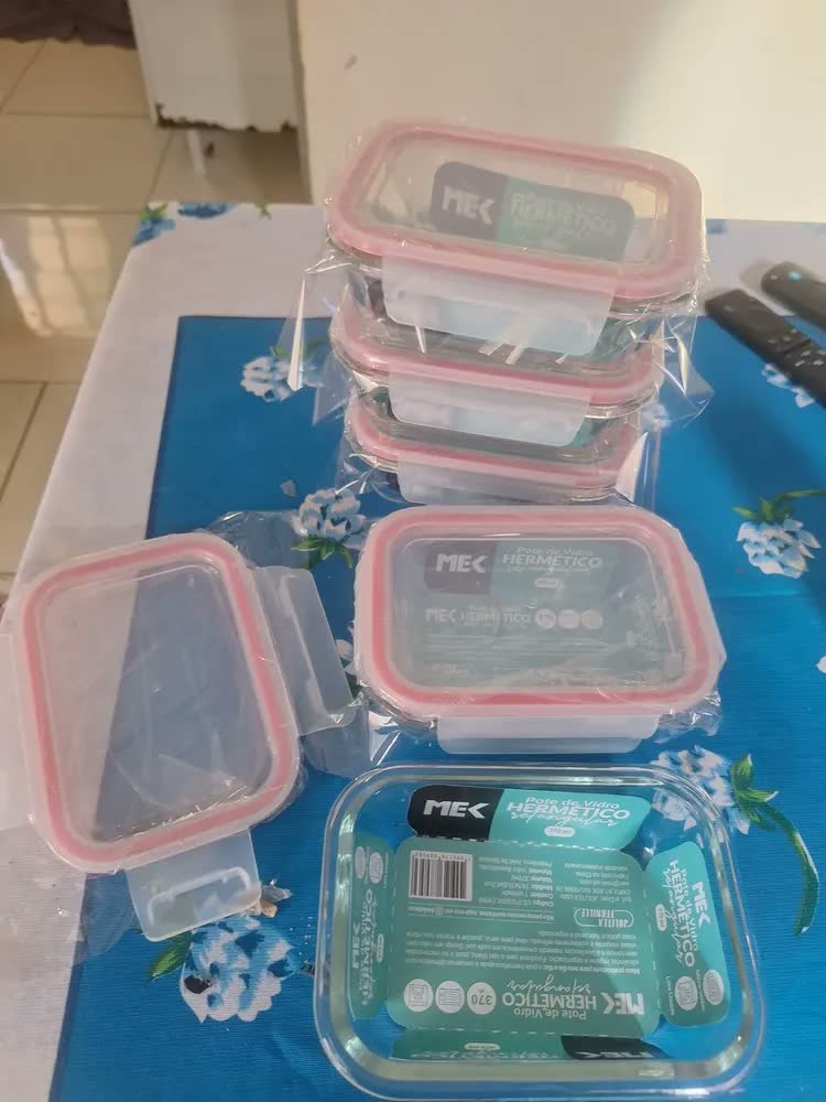 foto de Kit 5 Potes Retangulares Marmita Vidro Hermético 370ml Free Freezer Microondas Forno Resistente e Com Vedação