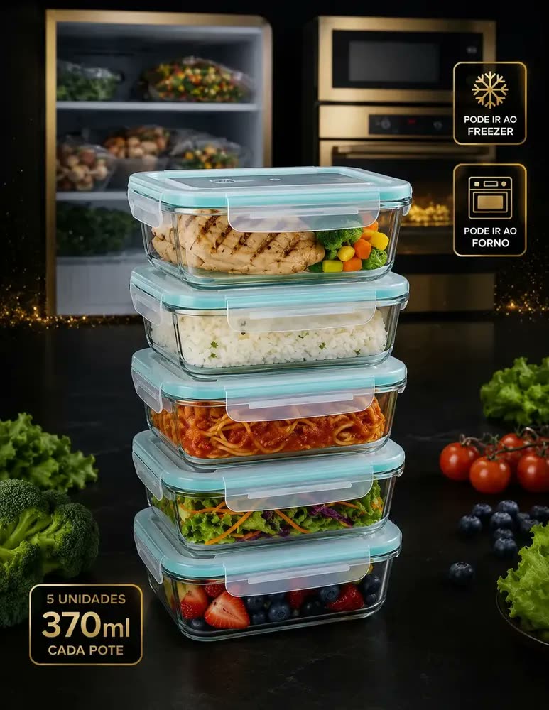foto de Kit 5 Potes Retangulares Marmita Vidro Hermético 370ml Free Freezer Microondas Forno Resistente e Com Vedação