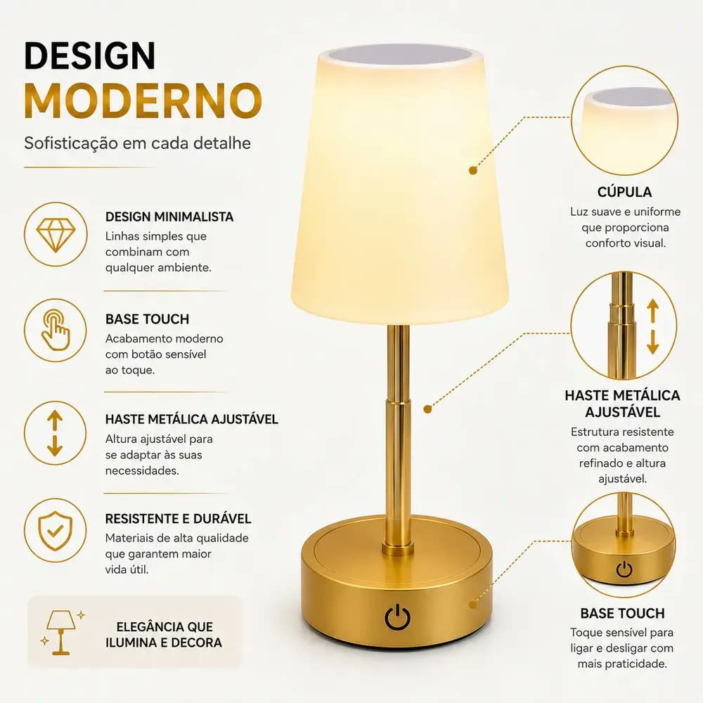 Luminária de Mesa LED Dimerizável Recarregável Touch, Sem Fio USB Com Haste Ajustável, Dourada