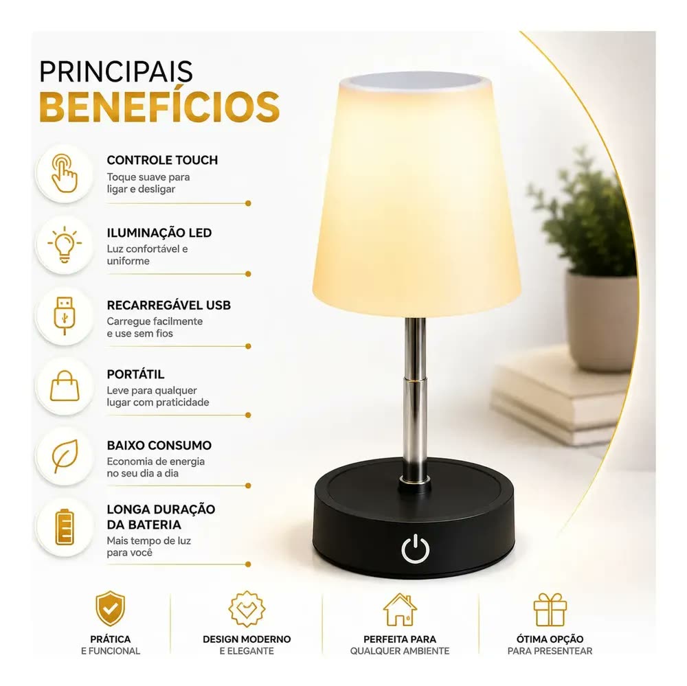 Luminária de Mesa LED Dimerizável Toque Sem Fio USB Preto