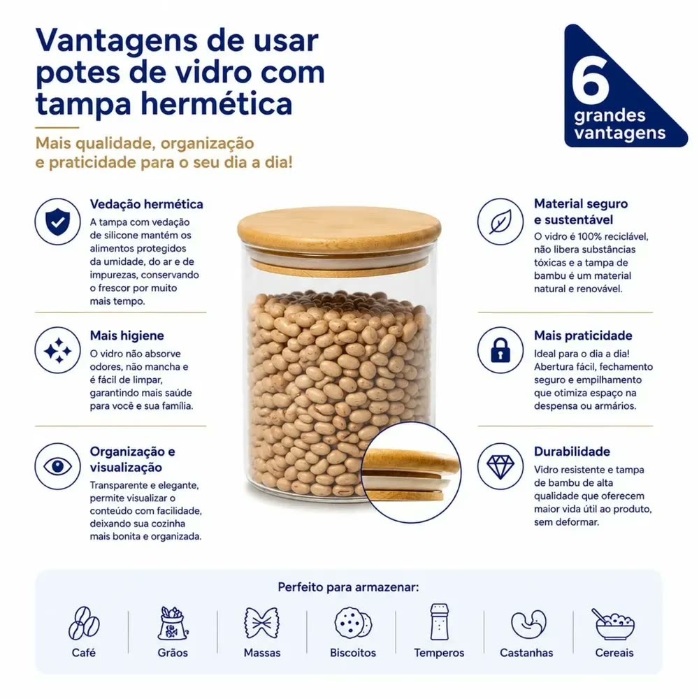 Kit 5 Potes Herméticos de Vidro com Tampa de Bambu Porta Mantimentos Organizador de Cozinha para Café Açúcar Grãos Cereais Biscoitos Massas Conservação de Alimentos