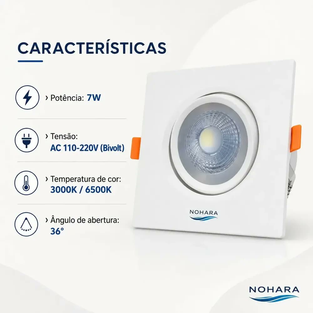 Kit 10 Spots LED de Embutir Quadrados NOHARA 7W para Teto de Gesso, Luz Branca Fria