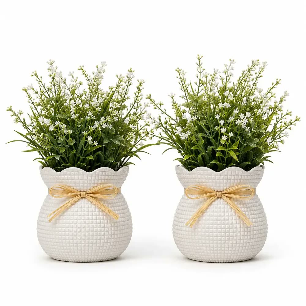 foto de Kit 2 Plantas Banheiro Artificial Sala Vasinho Flores Brancas Vaso Decorativo Qualidade Premium