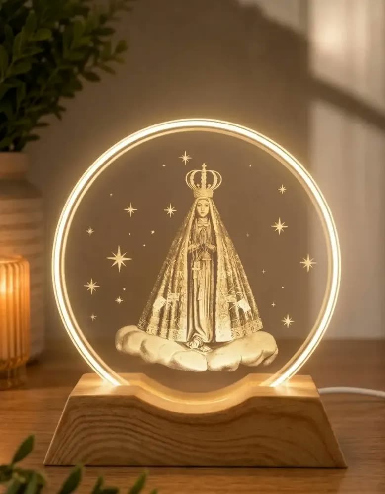 Luminaria De Mesa Nossa Senhora Aparecida Abajur Acrilico Com Base Led Decorativa Enfeite Catolico Presente Primeira Comunhao