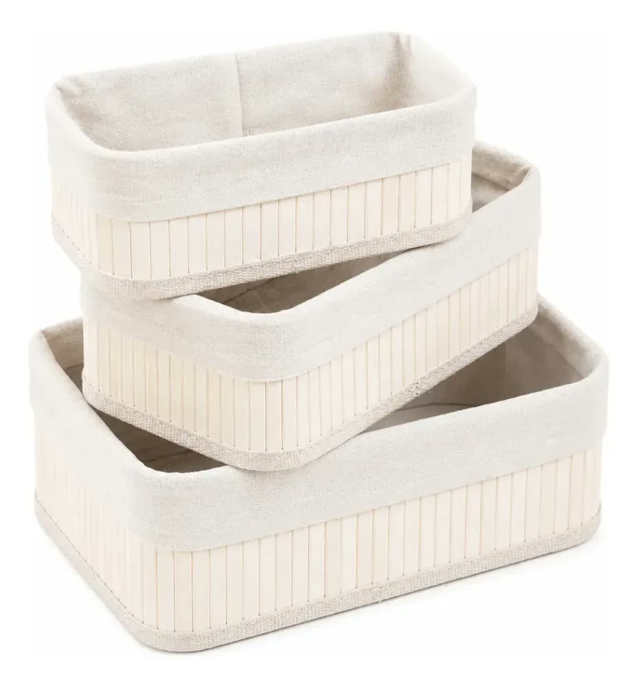 foto de Kit 3 Cesto Organizador De Bambu Com Forro Removível Branco