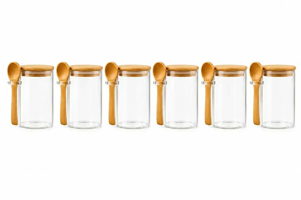 Kit 6 Potes De Vidro Herméticos 200ml Com Tampa De Bambu E Colher Porta Mantimentos Café Açúcar Temperos Grãos Organizadores Cozinha