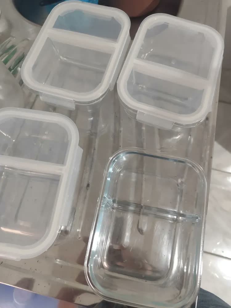 foto de Kit 4 Potes de Vidro com Divisória 640ml Hermético Fitness Refratário Pítia