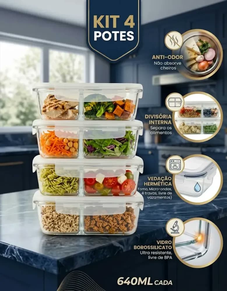 Kit 4 Potes de Vidro com Divisória 640ml Hermético Fitness Refratário Pítia