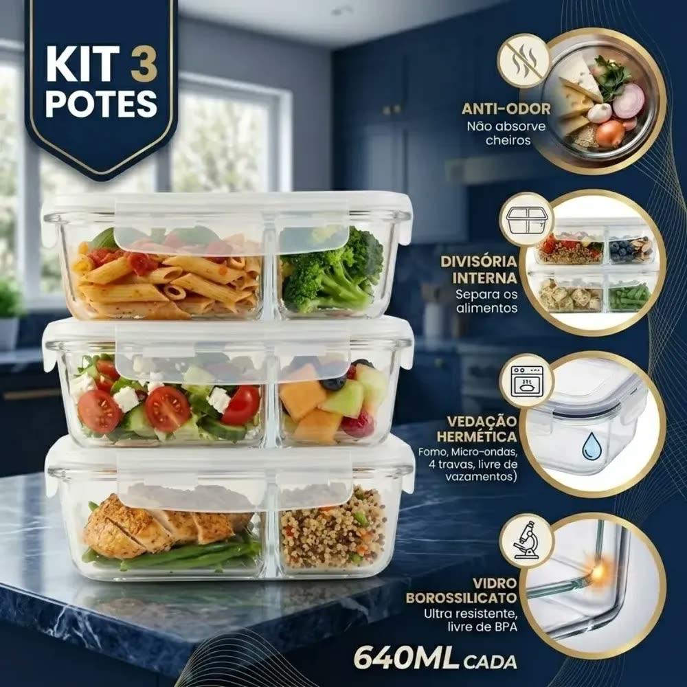 Kit 3 Potes 640ml com Divisória de Vidro Hermético Borossilicato Marmita Pítia
