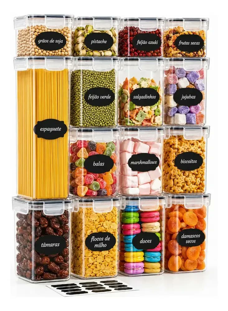 Kit 15 Potes Herméticos Empilháveis Quadrados para Mantimentos e Organização da Cozinha com Tampa e Vedação de Silicone Branco Shokki