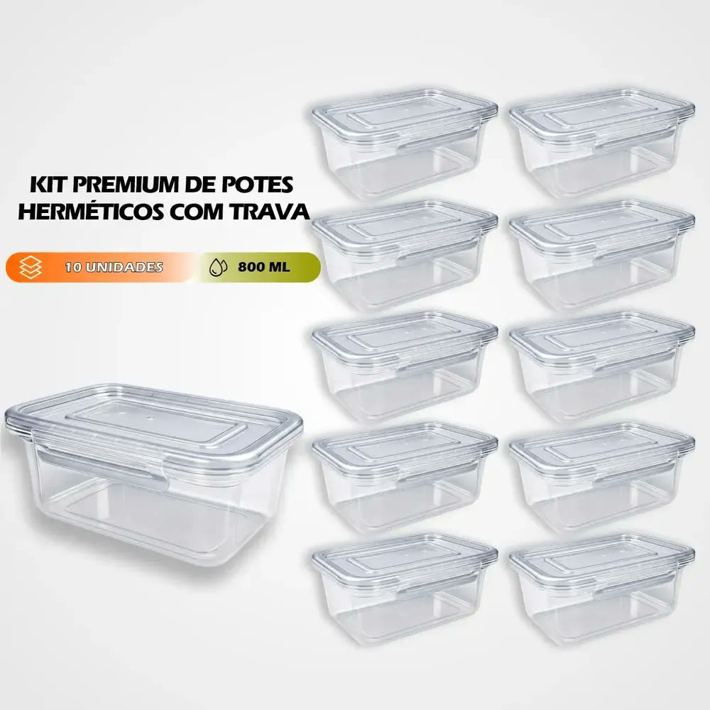 Kit 10 Potes 800ml Marmitas Trava Lateral Freezer Transparente